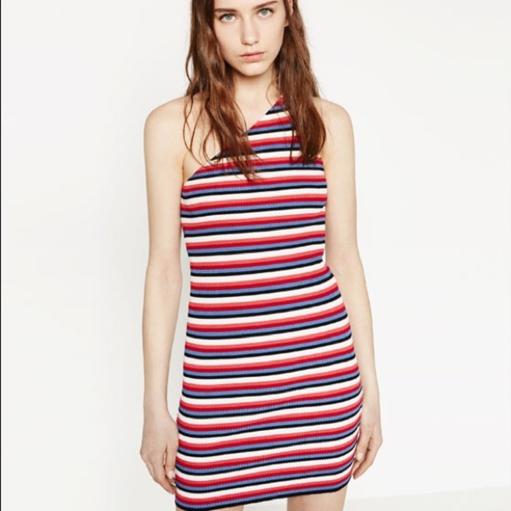 One shoulder strap striped ribbed knit dress